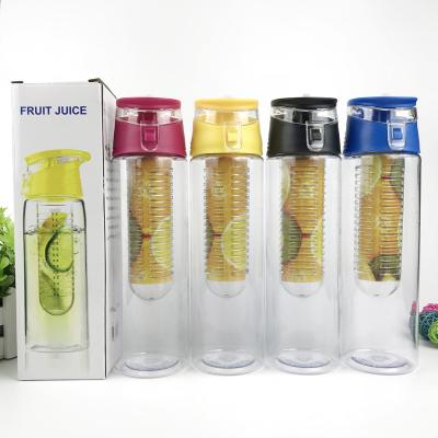 China 800ml 700ml Flip Lid Top Plastic Fruit Infuser Water Bottle Tritan Plastic Fruit Juice Bottle With Infuser Cartridge Extremely Impact Resistant for sale