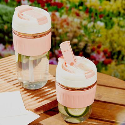 China Large Capacity Children's 380ml Glass Bottle High Value Wide Mouth Glass Water Bottle With Cup Cover And Removable Straw For Office Use 8*15cm for sale