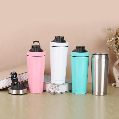 China Shaker portátil de acero inoxidable de doble sección botella de mezclador de proteínas metálicas con escala para gimnasio en venta