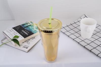 China 650ml Double-Layer Electroplated Straw Cup - Plastic Straw Cup, Summer With Lid, Transparent Water Cup, Creative Juice Cup for sale