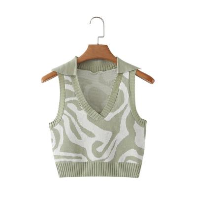 China New Lapel Summer Women Anti-wrinkle Animal Print Jacquard Crop Sleeveless Tank Tops Knit Vest Custom Tops for sale