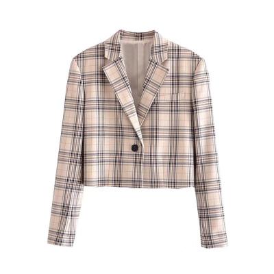 China New Collar Design Blazer Plaid Print Women Casual Cardigan Breathable Korean Notched Tops For Women Long Sleeve for sale