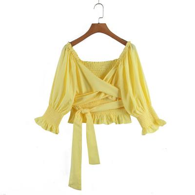 China New Anti-Static Yellow Color V-neck Crossed Lantern Sleeve Girls Casual Jumper Korean Tops For Women Long Sleeve for sale