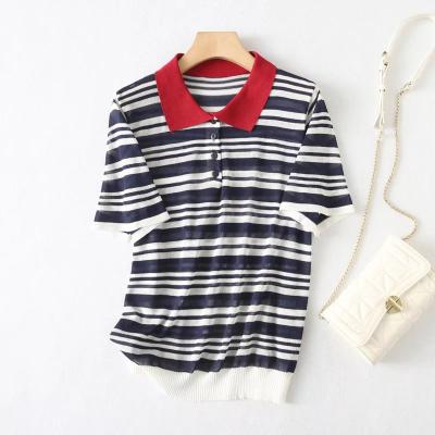 China New QUICK DRY Lapel Contrast Color Striped Short Sleeve Knitted Sweater Quilted T-Shirt Stretching Spring Womens Ladies Boho Tops for sale