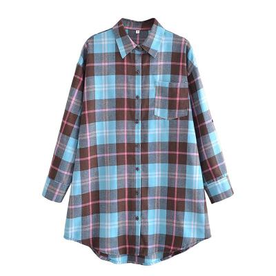 China Hot Selling Breathable Plus Size Women's Bangkok Round-Down Collar Casual Plaid Flannel Long Sleeve T-Shirt Dress for sale