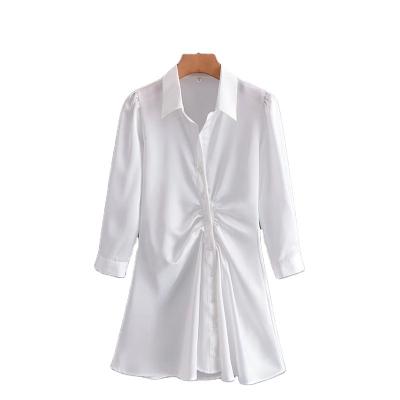 China Women's Breathable Waist Fashion Irregular Maxi Pleated Turn Down Collar Shirt Casual Loose Dress White for sale