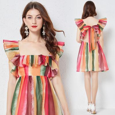 China Anti-Static Rainbow Crystal Yarn Square Neck Backless Lace Up Dress Ruffles Sleeve Gathered High Waist Mini Shirt Women Striped Dress for sale