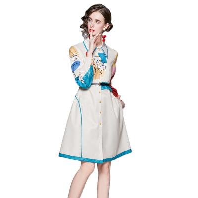 China Anti-Static Aesthetic Paint Printing Casual Shirt OL Turn Down Collar A-line Fashion Button Dress Long Sleeve Muslim Dress With Belt for sale