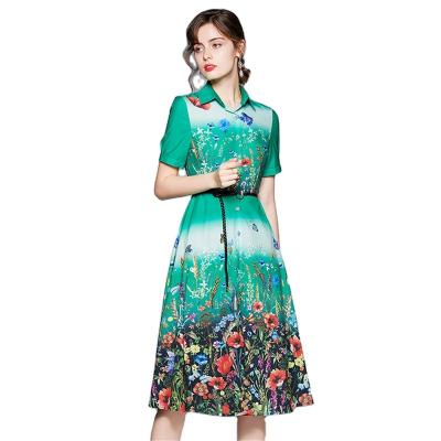 China Women Ladies Anti-static Midi Green Floral Print All-match Lapel Fashion Long Shirt Dresses Formal Dress for sale