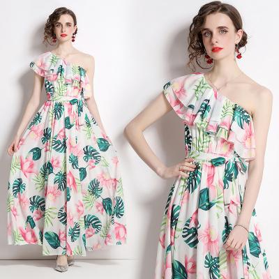 China New OEM Spanish Print Superb Fairy Cheap Wedding Holiday Seaside Beach Off Shoulder Chiffon Casual Summer Floral Anti-Static Dress for sale