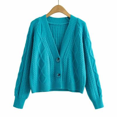 China 2021 Long Sleeve Fashion Korean V-Neckline Twist Jean Linen Pearl Knit Cardigan Solid Anti-wrinkle Style Short Sweater for sale