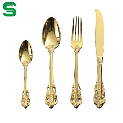 China Sustainable Palace 013 Series Stainless Steel Dinnerware Set Embossed Wedding Flatware Set Exquisite Luxury Gold Cheap Wedding Dinnerware Set for sale