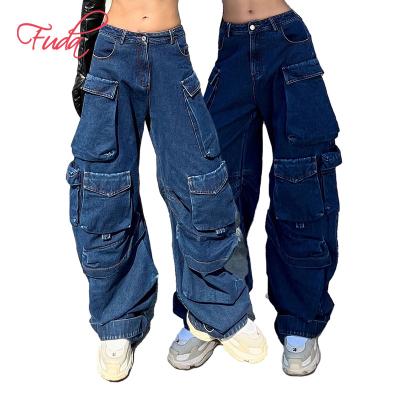 China FUDA AG04 QUICK DRY Fashion Women's Cargo Pants Wide Leg Casual Denim Friend Pants Jeans For Women Ladies Trousers for sale