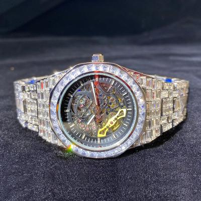 China Wholesale Custom Day/Date Diamond Iced Out Luxury Fashion Bling Dial Bezel Band Skeleton Mechanical Watch Mens Womens Watches for sale