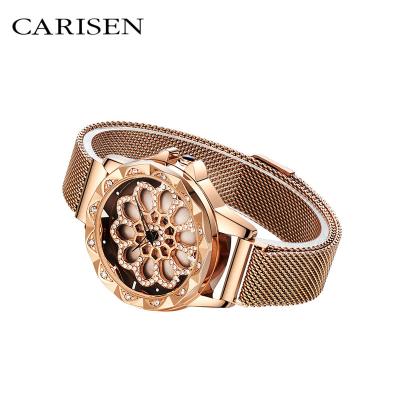 China 2022 Women's Water Resistant Fashion Bling Bling Flower Dial 3-Dimensional Heart Strap Rotating Magnetic Strap Watch Genuine Stainless Steel Back for sale