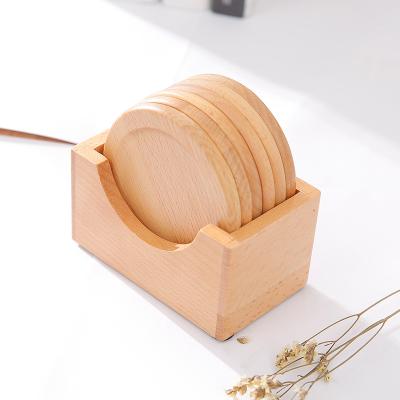 China Creative Solid Wooden Round Coasters Heat Insulation Wooden Round Cushion Beech Coffee Dish Coasters Set Small Solid Box of Stock for sale