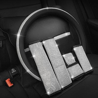 China Diamond Full Set Bling Rhinestone Diamond Car Steering Wheel Hand Seat Belt Headrest Seat Belt Shoulder Armrest Cover Brake Gear Knob for sale