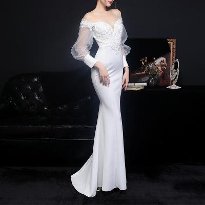 China Wholesale Women Lady Lace Craft Satin Long Sleeve Anti-wrinkle Elegance Tow Party Dresses Banquet Turkey Evening Dress for sale