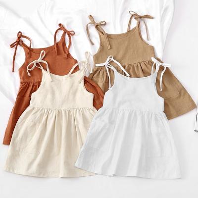 China 2 European and American Solid Linen CIS Washable Girls Summer Cotton Pocket Suspender Dress Side Lace Up Dress 2-6 Y Suspender Children for sale