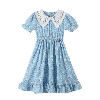 China Anti-wrinkle Girl's Doll Collar Summer Dress Kids Pattern Floral Short Sleeve Slim Dress For Young Girls Princess Dresses Wholesale for sale