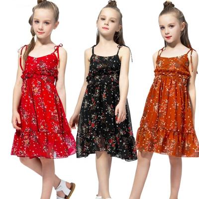 China Anti-wrinkle girl's slip beach dress kids pattern floral short sleeve slim dress for young girls princess dresses wholesale for sale