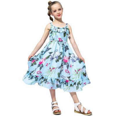 China Floral Pattern Girl's Anti-Wrinkle Dress Kids Wide Strap Summer Beach Dress For Young Girls Princess Dresses Wholesale for sale