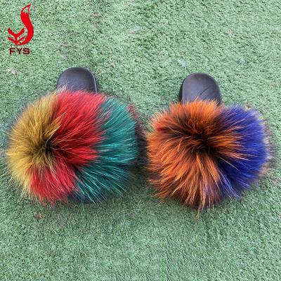 China Kids Breathable Luxury Hairy Slippers Toddler Fox Raccoon Natural Fur Slips Wholesale for sale