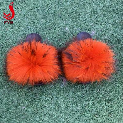 China Big Raccoon Fur Slides Designer Breathable Custom Logo Factory Raccoon Fur Slippers Sale In 2020 for sale