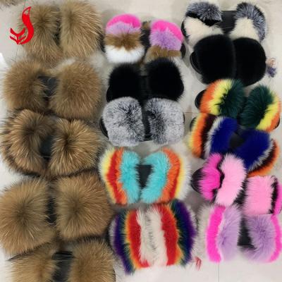 China Wholesale Women's Large Real Natural Fluffy Black Brown Raccoon Fur Slides Slipper Breathable For Lady And Kids for sale