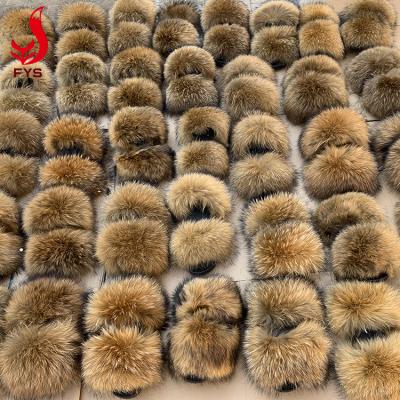 China Custom Logo Design Women Ladies Breathable Raccoon Fur Slides Real And Baby Raccoon Fur Slippers for sale