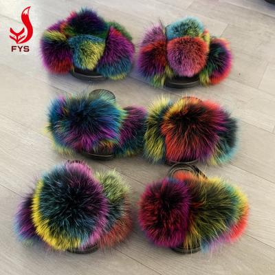 China New Style Breathable Popular Women Baby Fur Pom Pom Slides White Colorful Fluffy Fur Slippers for sale