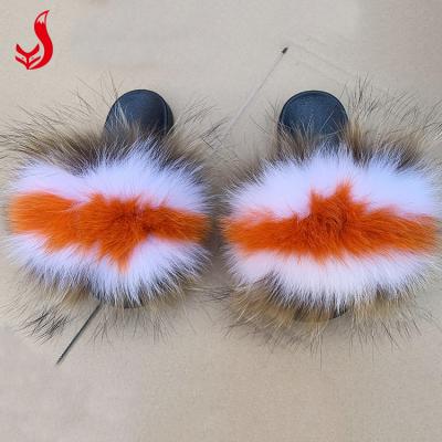 China High quality flat women's fuzzy fox slips pink home furry rainbow hairy slippers wholesale for sale