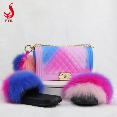 China Custom Logo Breathable All Color Matching Women Fashion Pink Fur Slides And Jelly Purse Set for sale