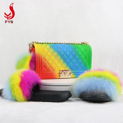 China New Design Breathable 1 Pair Kids Jelly Pinch And Fur Slips Sets With Matching Colorful Handbag Fast Delivery for sale