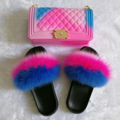 China Custom Cute Breathable Logo Furry Fox Furry Slippers and Purse Set Fuzzy Slides Matching Purse Handbag for sale