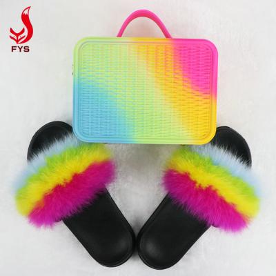 China New Glitter Breathable Jelly Handbag Furry Slippers Fox Fur Slides And Purse Fuzzy Sets For Women Girls for sale