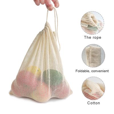 China Eco-Friendly Reusable Custom Cotton Mesh Drawstring Bag Logo Net Produce Grocery Shopping Rope Handle for sale