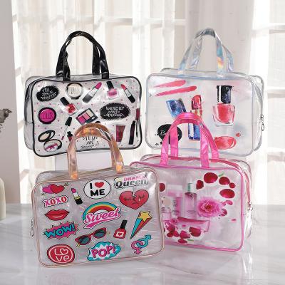 China Custom Super Cute Durable Women Travel Printing PVC Clear Makeup Pouch Waterproof Hanging Transparent Cosmetic Bags for sale