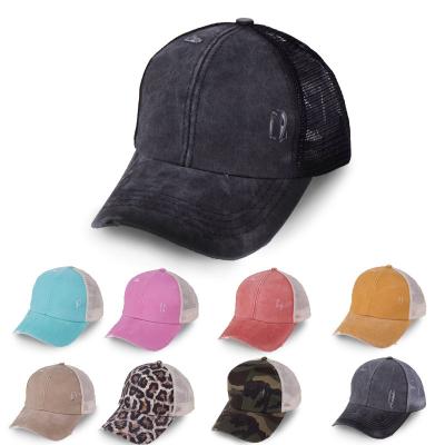 China breathable & Mesh Hat Messy Buns Pony Baseball Cap Waterproof Adjustable Breathable Retro Sport Washed Cross Ponytail Hats for sale