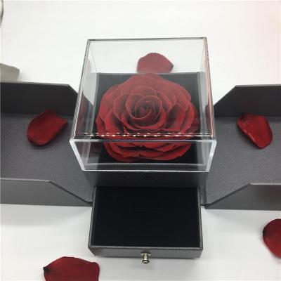 China Wholesale Home Decoration Preserved Fresh Rose Eternal Roses In Acrylic Gift Box Jewelry Box For Valentine's Day for sale