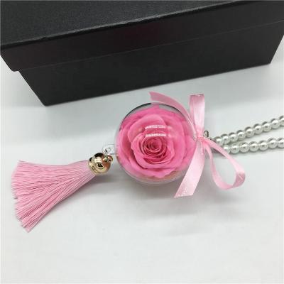 China Wholesale Hanging Decoration Hot Pink Color Preserved Fresh Roses Key Chain Immortal Roses Car Hangings With Black Gift Box for sale