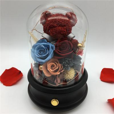 China Wholesale Home Decoration Eternal Roses Music Box Cute Bear Preserved Roses Flower Blue Tooth Music Gift Box Bean Sale for sale