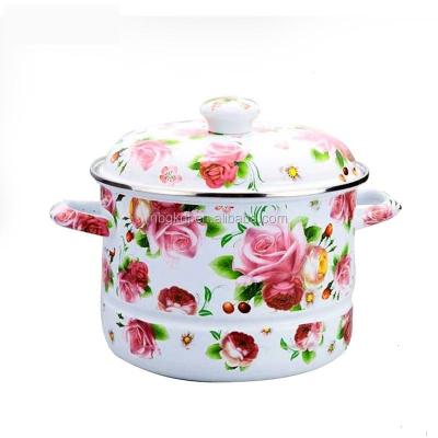 China Full Sustainable Wonderful Flower Decals Enamel Steamer Pot and Cast Iron Casserole for sale