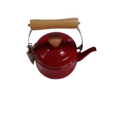 China Sustainable 1.6 L Red Enamel Tea Kettle with Wood and Steel Handle for sale