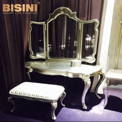 China Solid Wood Bisini French Style Antique Wooden Dressing Table with Mirror and Stool, Aluminum Foil Silver Makeup Dresser - BF07-30045 for sale