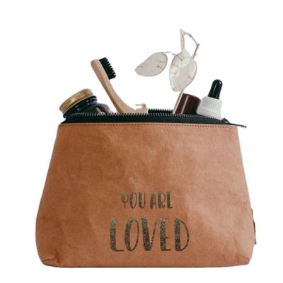 China Washable durable cute logo eco cosmetic custom make up to reuse washable kraft paper toiletry bag for travel for sale