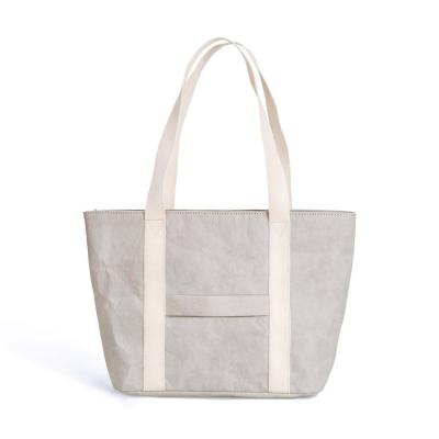 China Eco-Friendly Stripe Sublimation Zipper Tote Gray Custom Supermarket Paper Shopping Waterproof Bag With Long Handle for sale