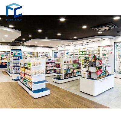 China Eco-friendly Custom Wood Glass Shelf Furniture Pharmacy Store Interior Design Wholesale Display Shelf Shelves Pharmacy Gondola for sale