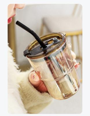 China Viable Glass Straw Cup With Cover Drinkware Tea Milk Water Cup Cold Brew Coffee Tea Cup Glass Straw With Lid for sale