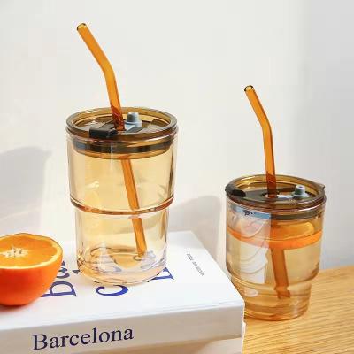 China Viable Glass Straw Cup With Cover Drinkware Tea Milk Water Cup Cold Brew Coffee Tea Cup Glass Straw With Lid for sale